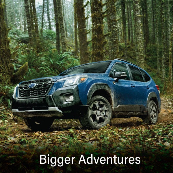 A blue Subaru outback wilderness with the words &ldquo;Bigger Adventures&ldquo;. | Sommer's Subaru in Mequon WI