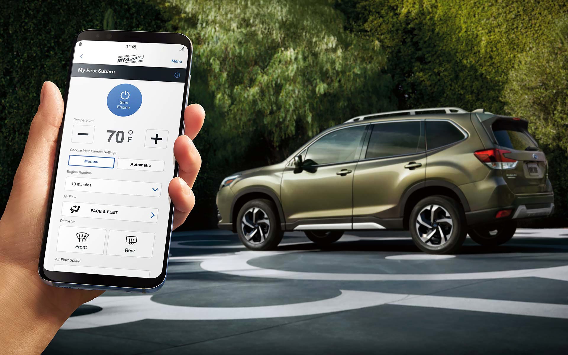 A close-up of a phone showing the Remote Engine Start with Climate Control feature of SUBARU STARLINK® Safety and Security available on the 2022 Forester. | Sommer's Subaru in Mequon WI